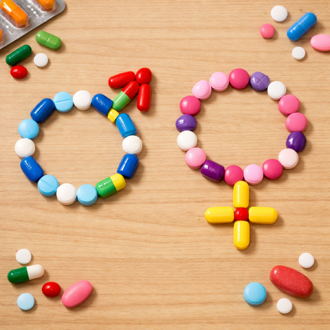 Table showing coloured pills, forming a male sign on the left and a female sign on the right.