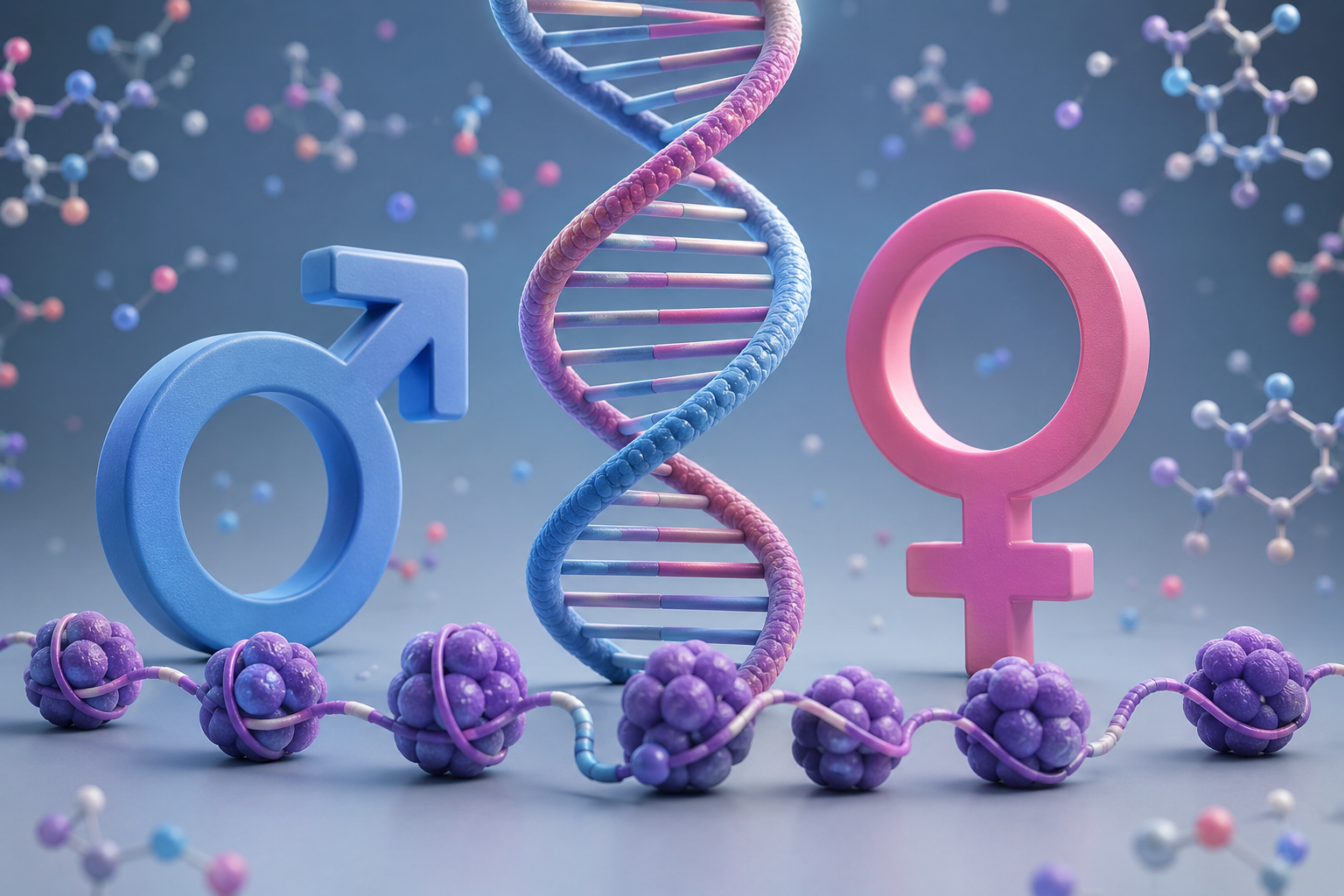 A blue male symbol and a pink female symbol stand on either side of a DNA double helix. Various molecular structures are scattered in the background. Image created with AI.